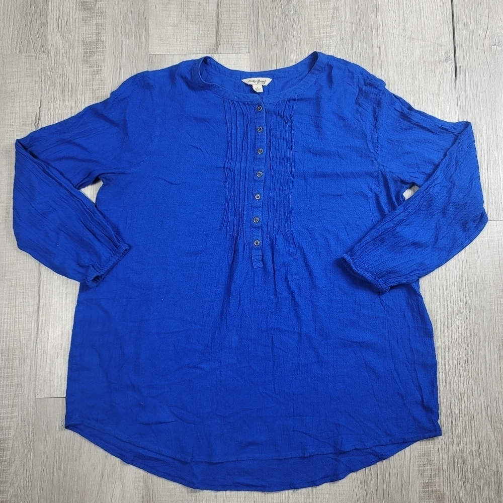 Lucky Brand Royal Blue Peasant Button-Up Ruched Blouse | Size L
